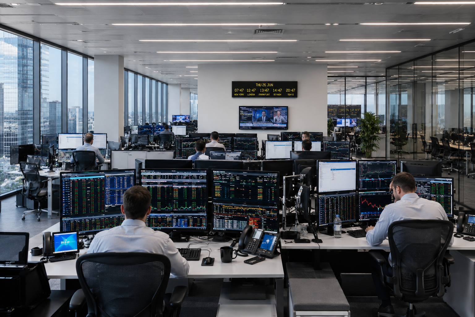 Five-zone amber display above an active trading floor with skyline view