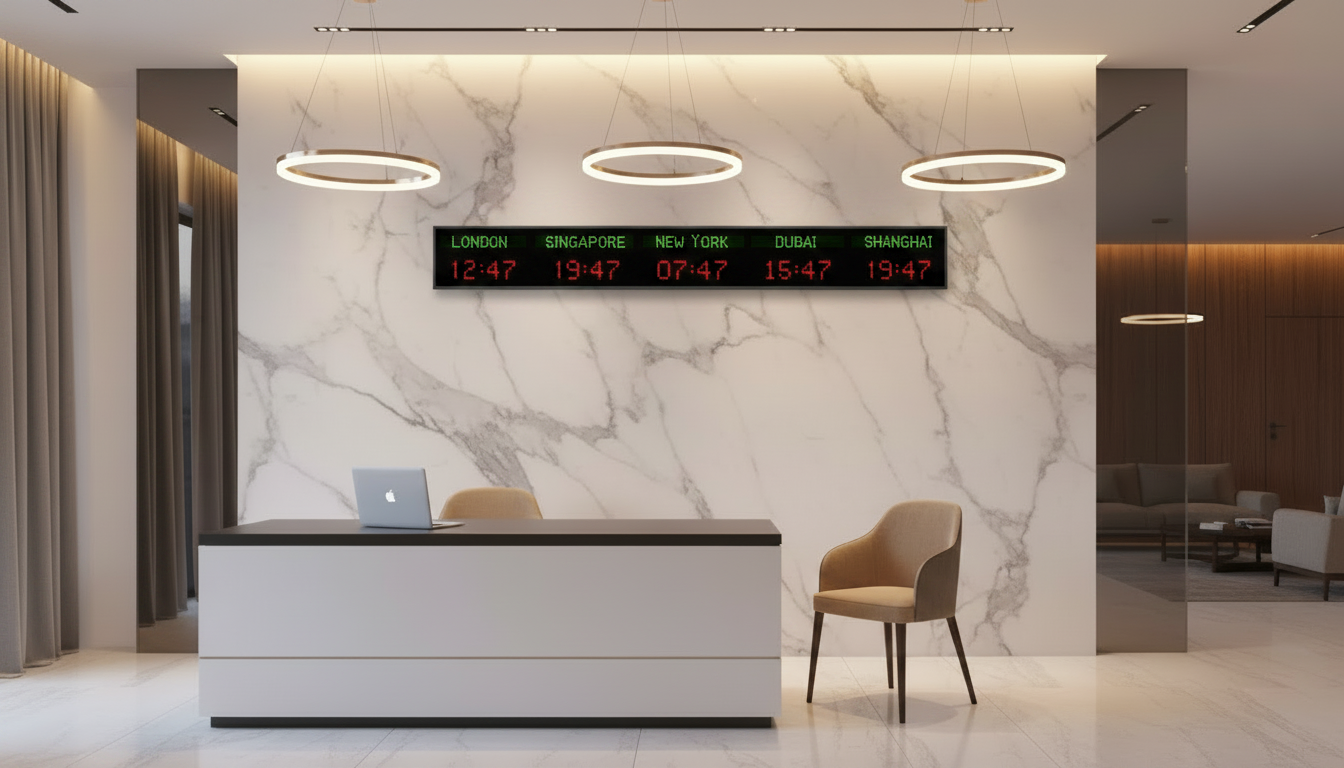 Five-zone multi-colour Egad time display installed above a marble executive reception desk