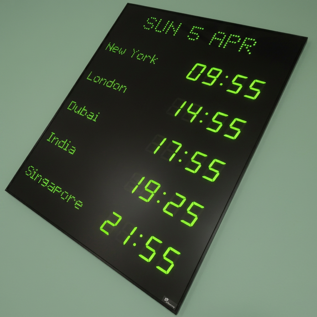 Vertical multi-line display with calendar and five world cities